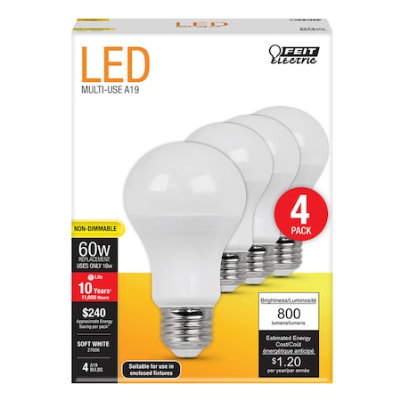 Feit Electric Feit A19 E26 (Medium) LED Bulb Soft White 60 Watt Equivalence 4 pk A80082710KLED/4